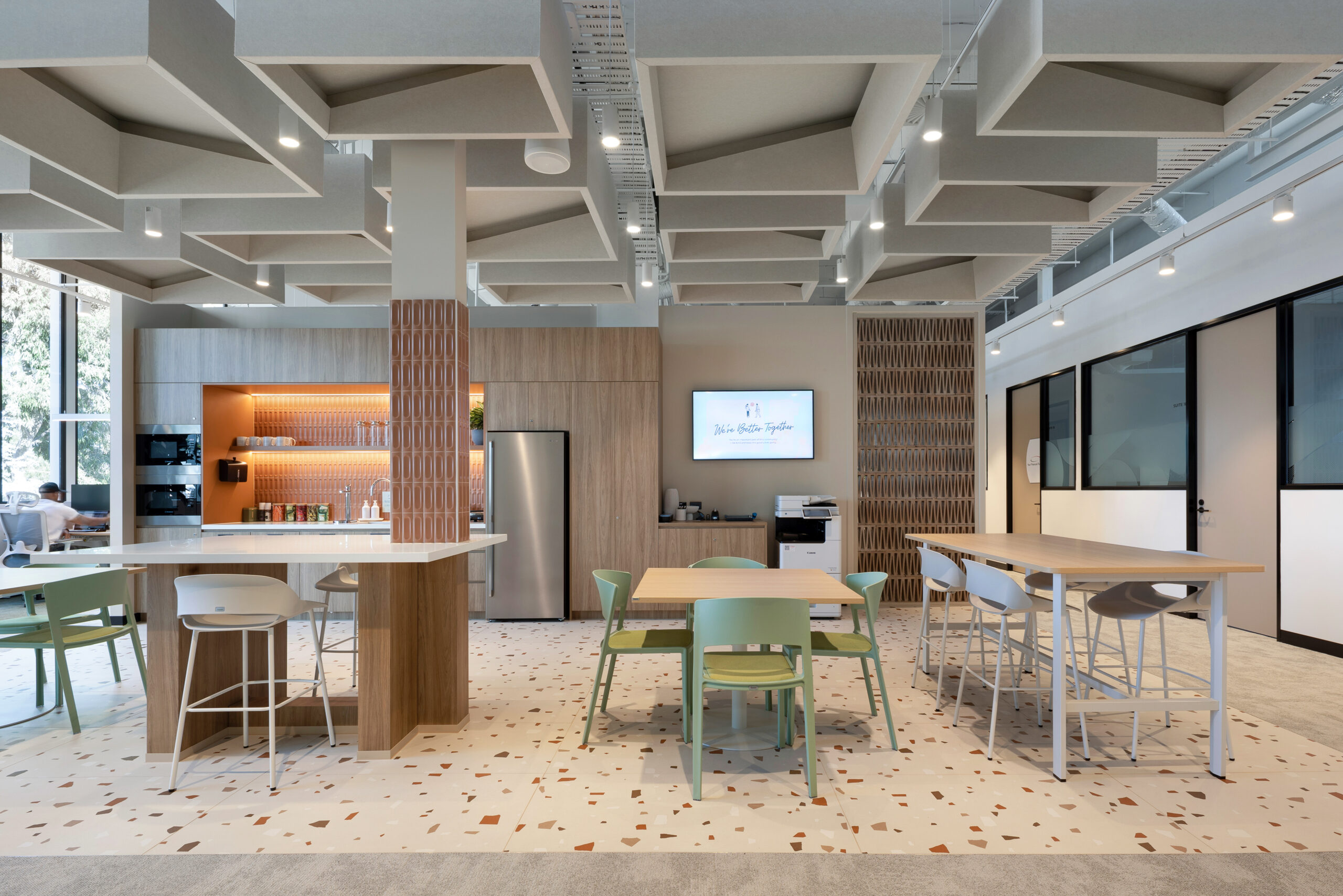 Acoufelt Blox Ceiling Clouds in Pearl above the communal kitchen at Waterman Moorabbin