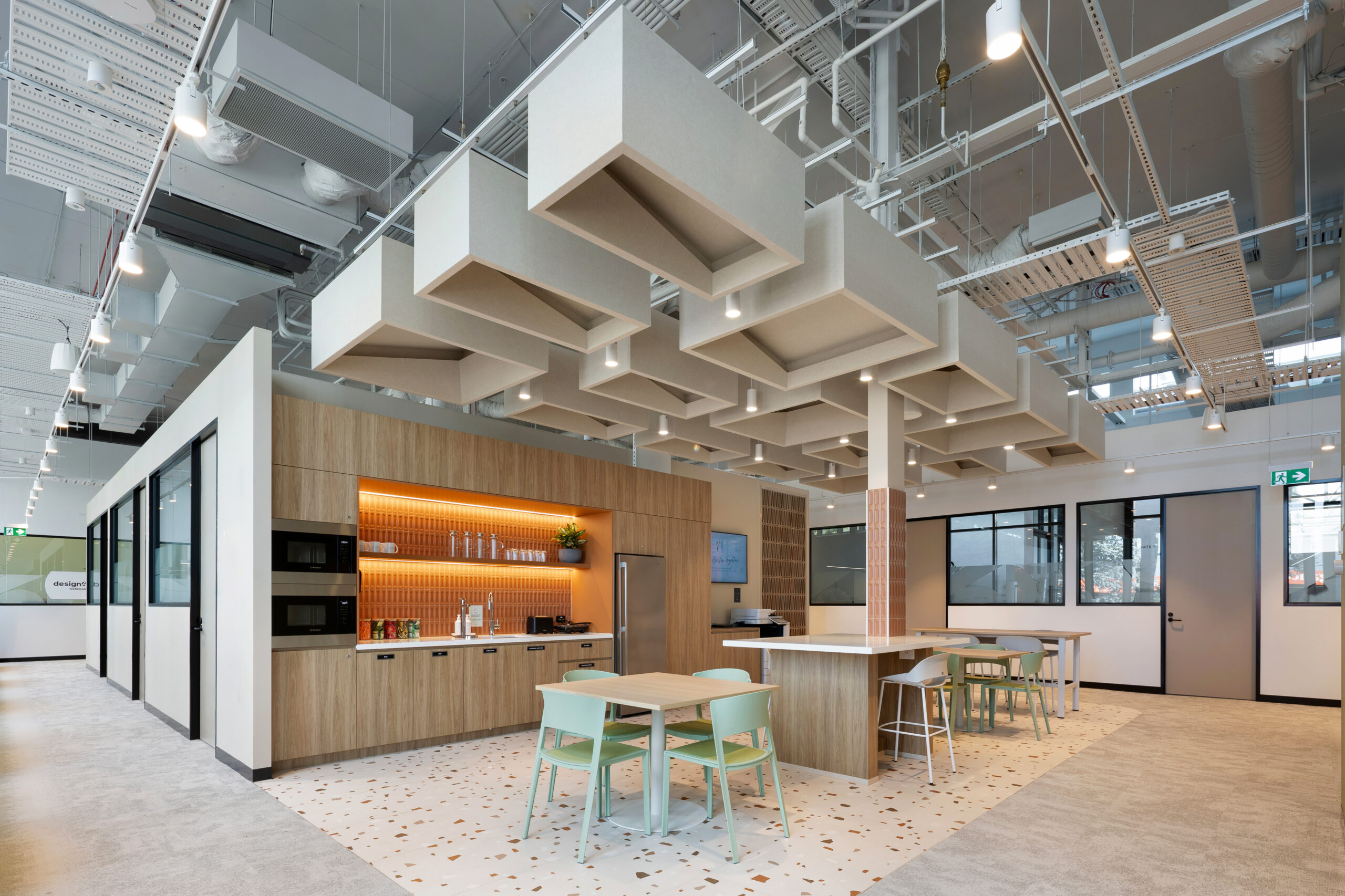 Acoufelt Blox Ceiling Clouds in Pearl above the communal kitchen at Waterman Moorabbin