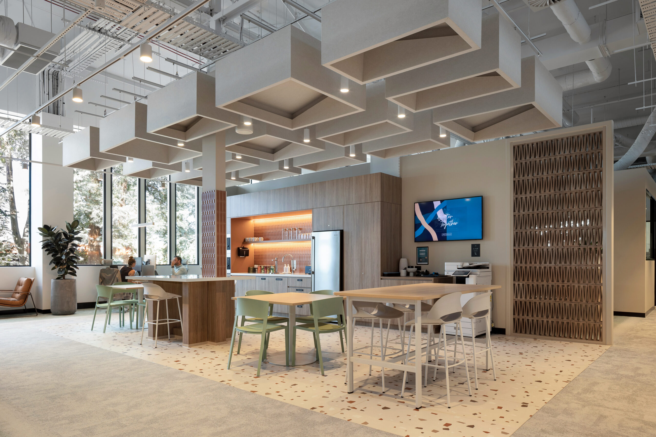 Waterman Moorabbin workplace interior with Acoufelt suspended Blox acoustic ceiling clouds