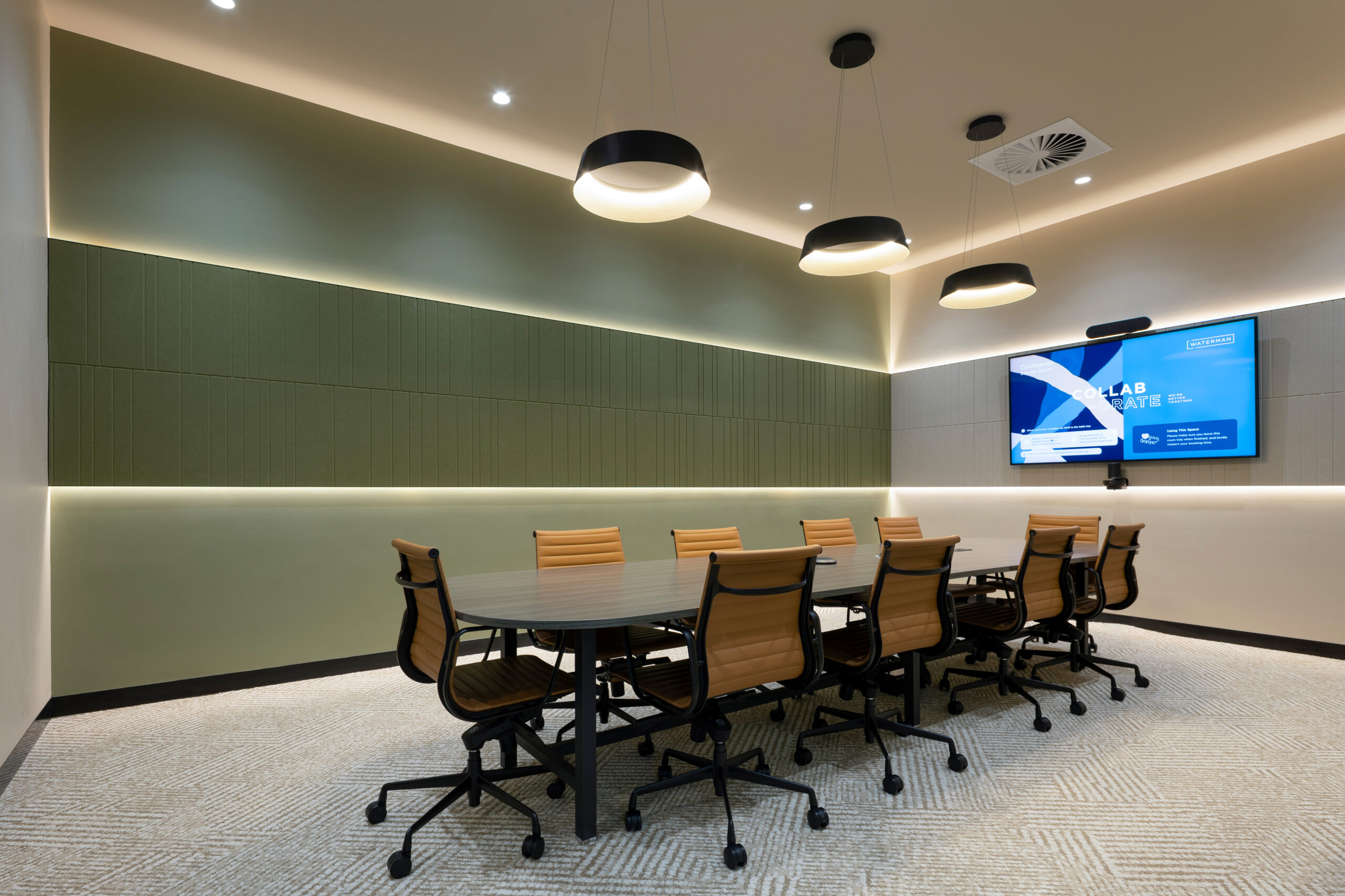 Acoufelt Fracture Barcode acoustic wall panels in Eucalyptus installed in Waterman Moorabbin meeting room
