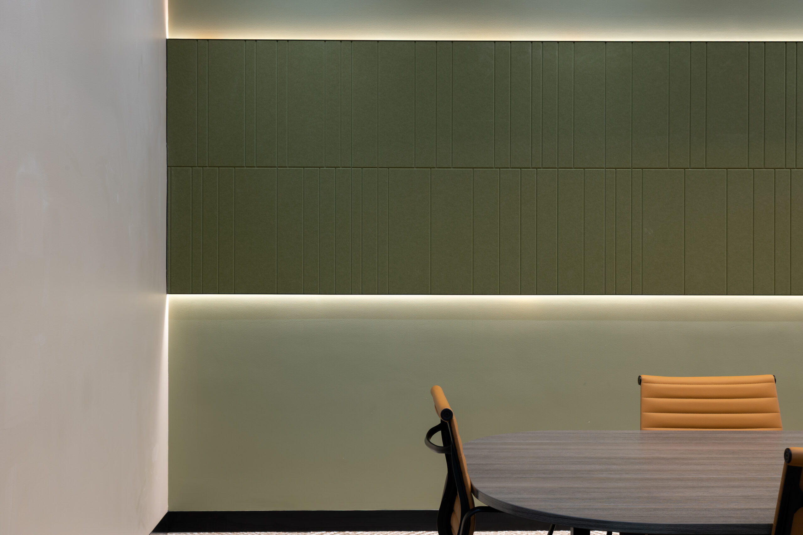 Acoufelt Fracture Barcode acoustic wall panels in Eucalyptus installed in Waterman Moorabbin meeting room
