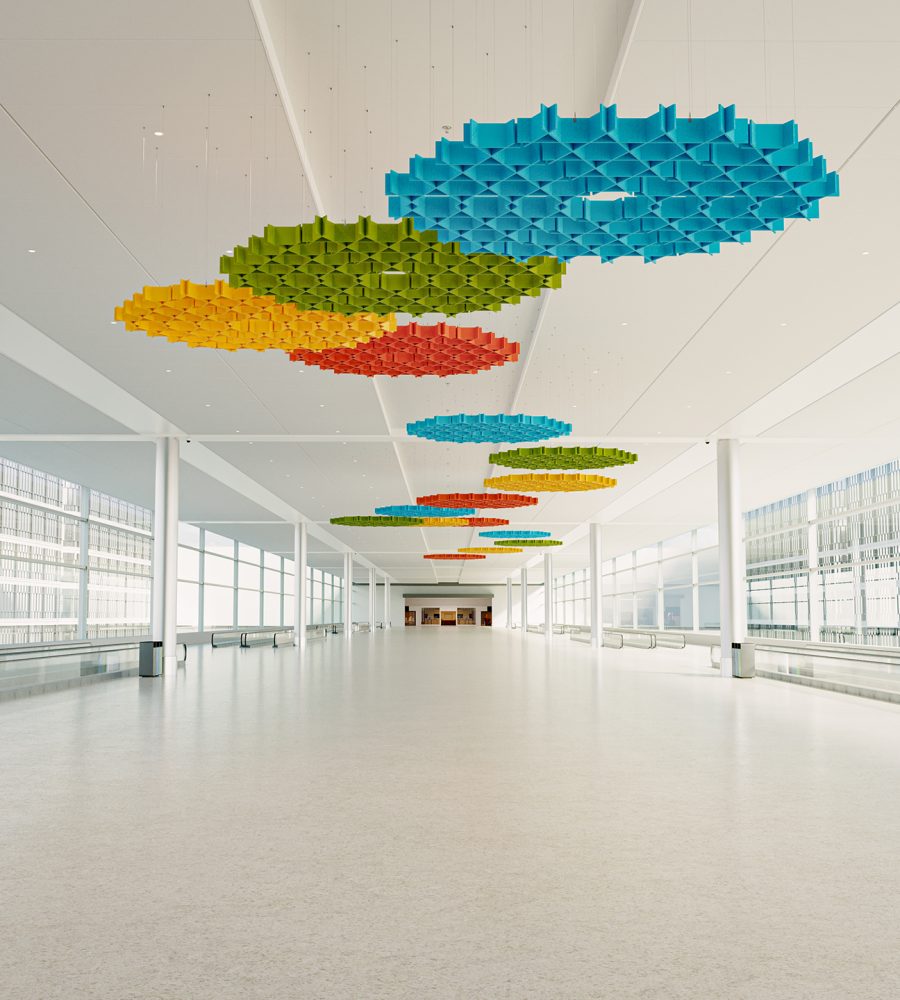 Interlace, Web Ceiling Clouds | Azure, Carrot, Popcorn, Wasabi | Premier Collection