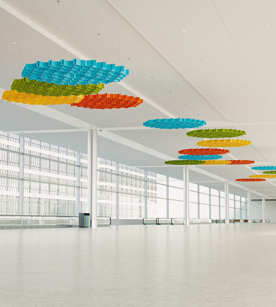 Interlace, Web Ceiling Clouds | Azure, Carrot, Popcorn, Wasabi | Premier Collection