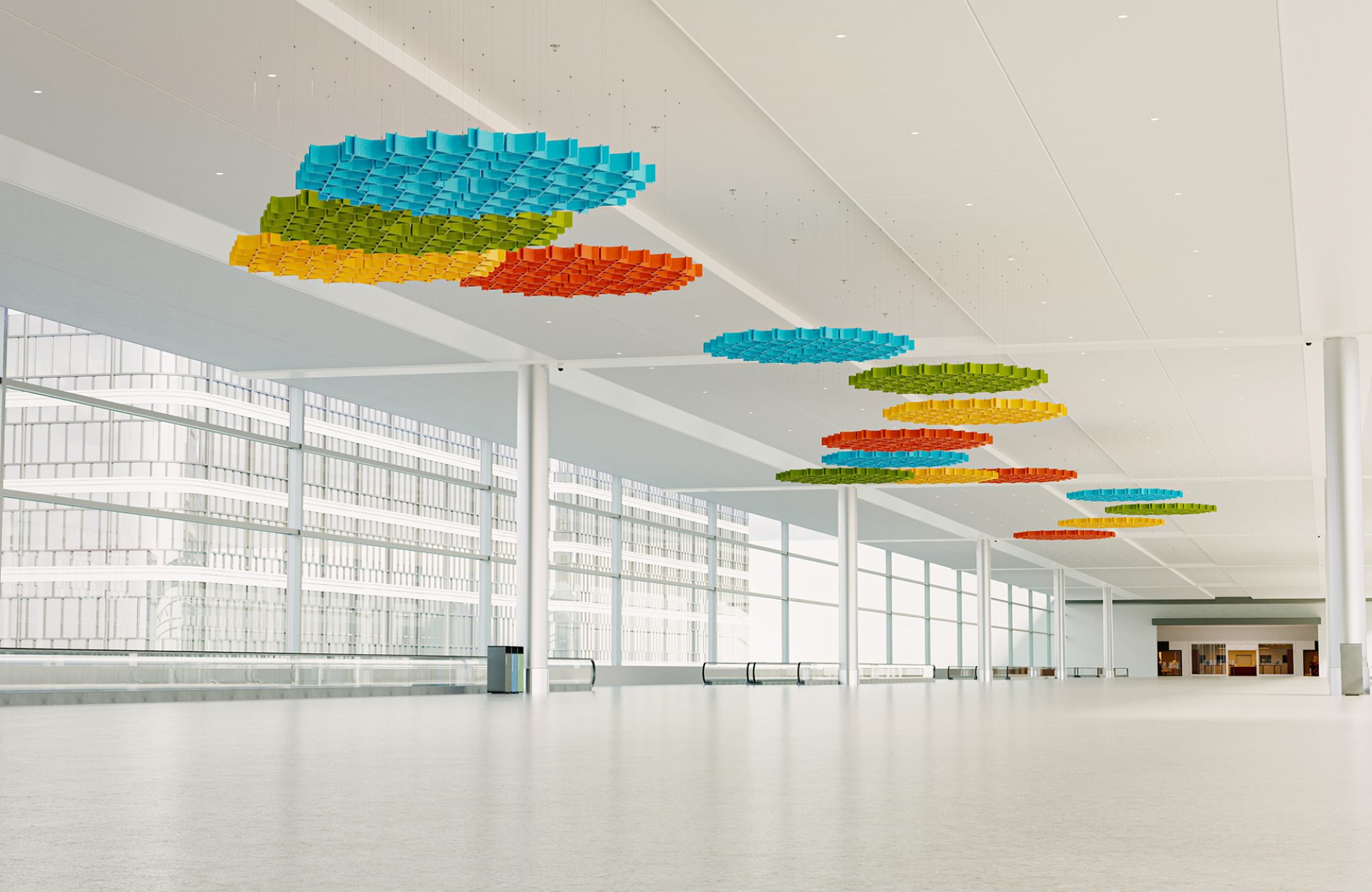 Interlace, Web Ceiling Clouds | Azure, Carrot, Popcorn, Wasabi | Premier Collection