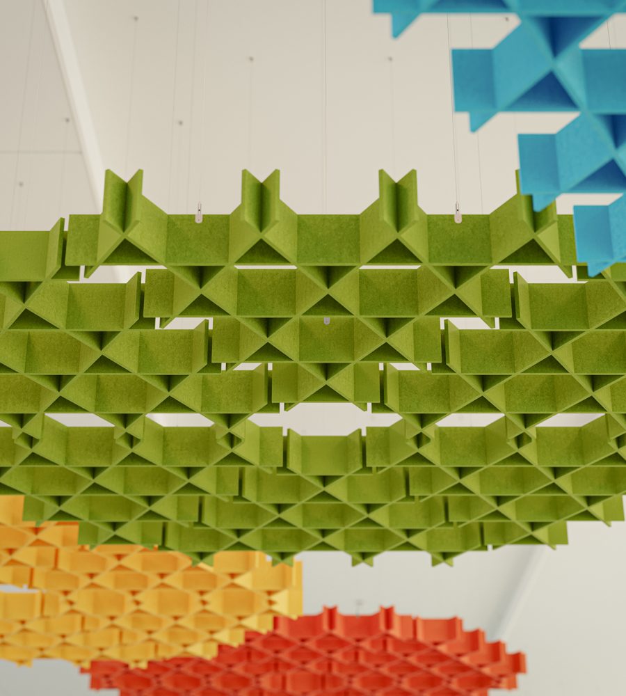 Interlace, Web Ceiling Clouds | Azure, Carrot, Popcorn, Wasabi | Premier Collection