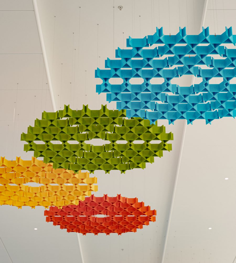 Interlace, Web Ceiling Clouds | Azure, Carrot, Popcorn, Wasabi | Premier Collection