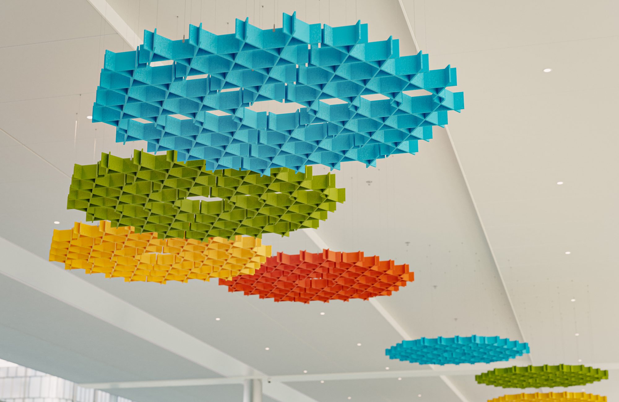 Interlace, Web Ceiling Clouds | Azure, Carrot, Popcorn, Wasabi | Premier Collection