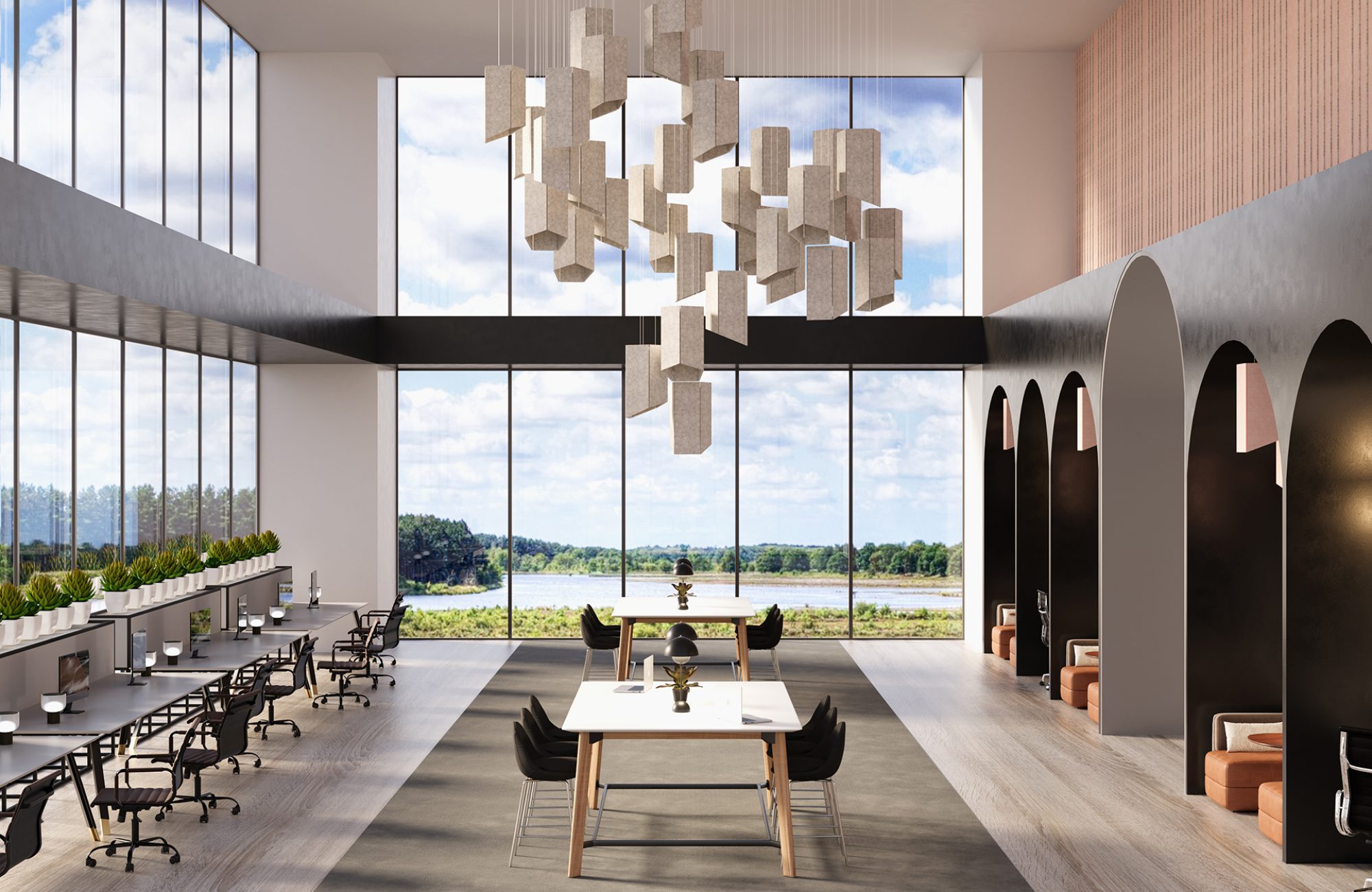 Pendant, Pentagon Ceiling Clouds | Milkyway | Spine, Bars A Wall Panels | Valentine, Milkyway | Premier Collection