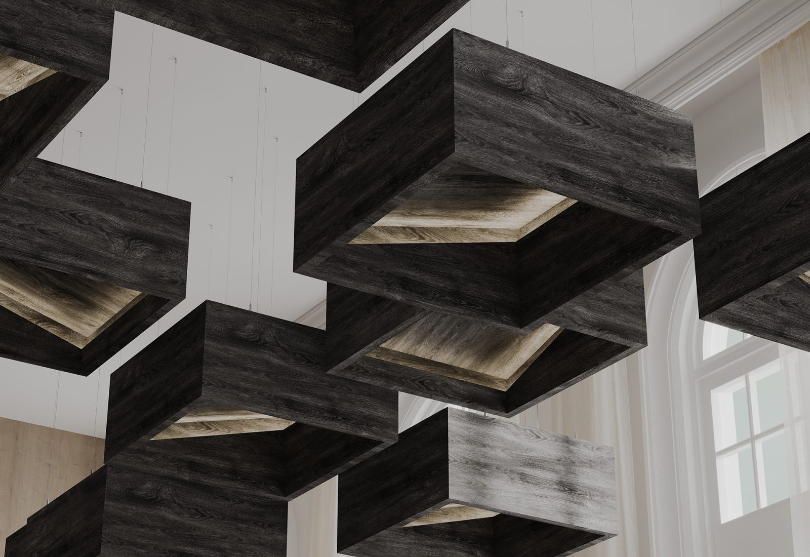 Blox, Angled Ceiling Clouds | Charred Larch | WoodGrain Collection