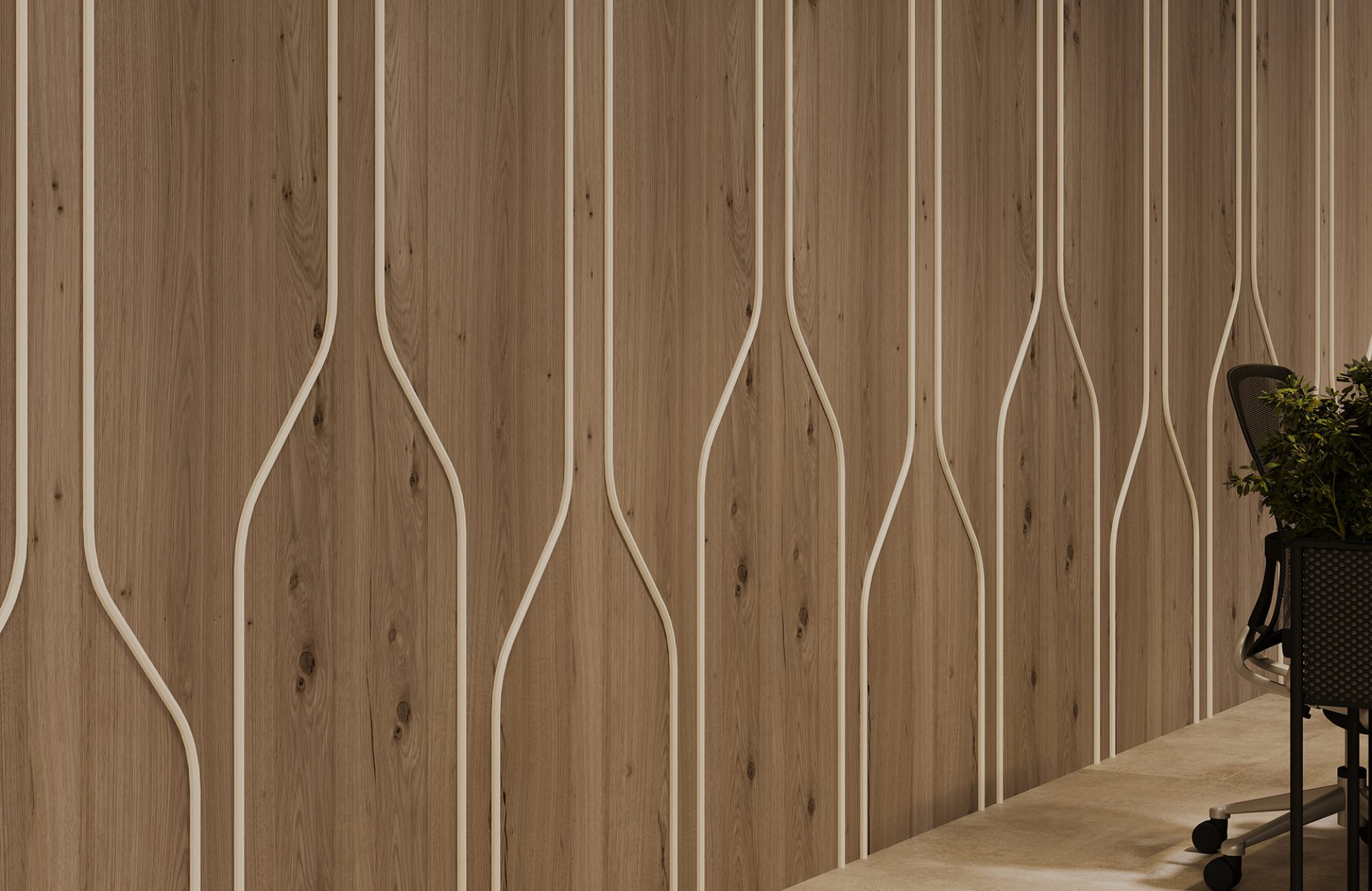 Spine Wall Panels, Pipeline A | Shadow Oak, White | Premier, WoodGrain Collections