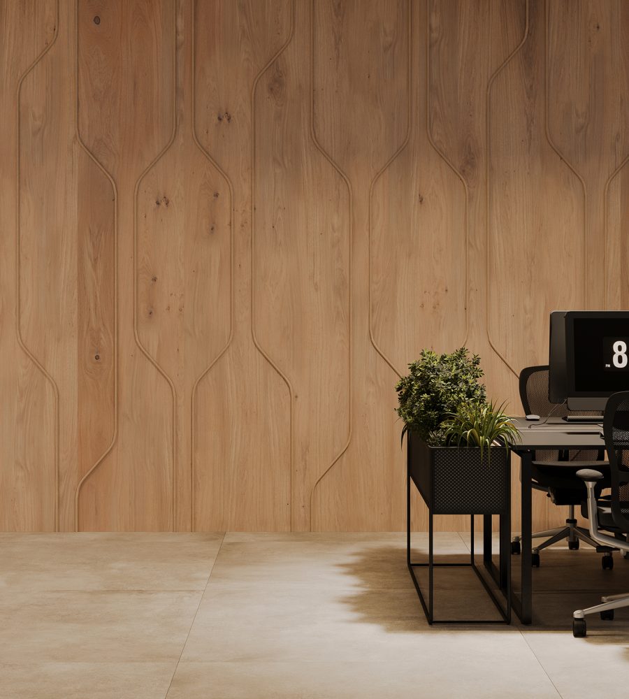 Spine Wall Panels, Pipeline B | Fumed Oak, Quartz | Premier, WoodGrain Collections