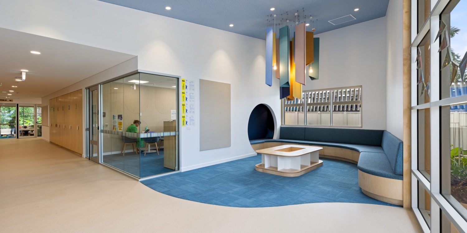 Acoufelt Pendant Ceiling Clouds in Periwinkle, Sea Salt, Turmeric, Valentine, Granite and Wheat installed and Fracture Arch and Solid Wall Panels in Pearl installed in Parap Preschool