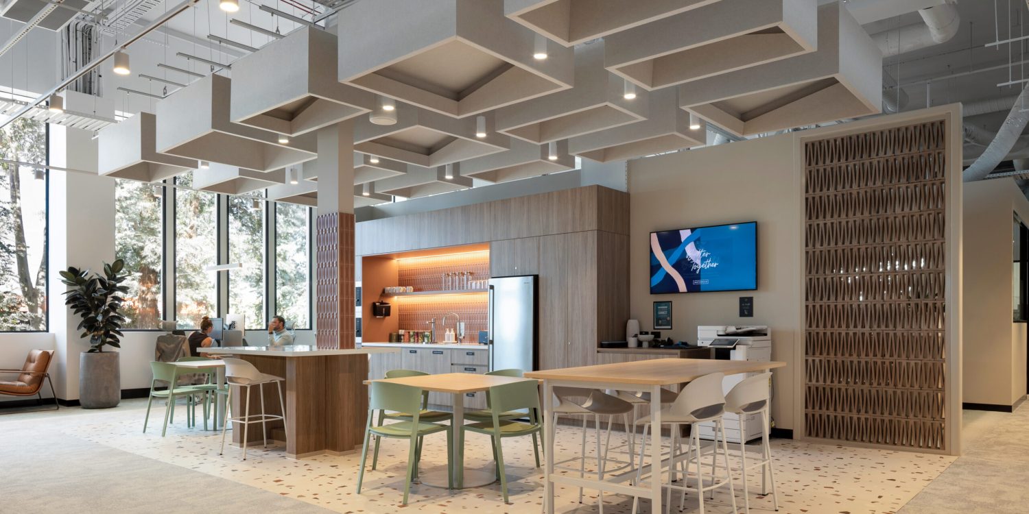 Waterman Moorabbin workplace interior with Acoufelt suspended Blox acoustic ceiling clouds